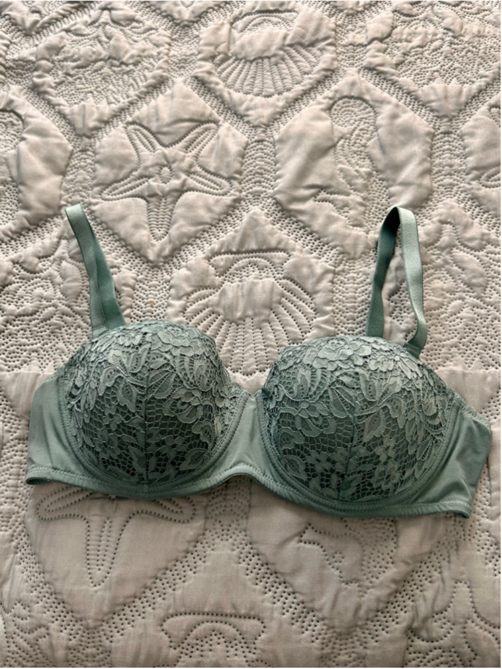 Goldenpoint Sage Green Lace Underwire Bra 38B Floral Scalloped